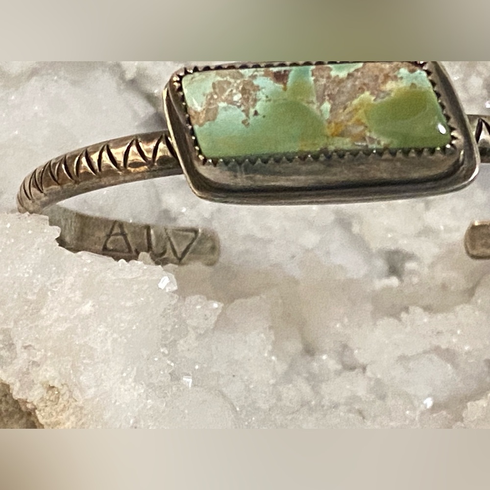 Sterling Pilot Mountain Turquoise Stamped Stacker Cuff - Picture 4 of 7
